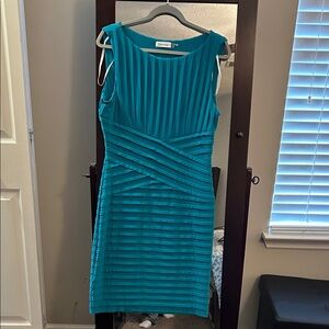 Calvin Klein Teal Pleated Bandage Midi Dress